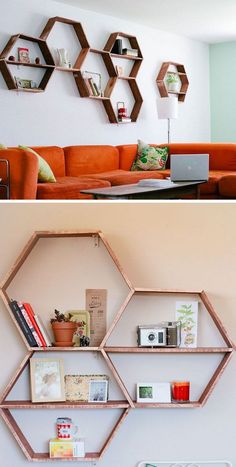 the shelves are made out of hexagons and have bookshelves on them