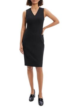 Shape-highlighting princess seams trail down this desk-to-dinner dress crafted from stretch-kissed wool in a classic sheath silhouette. 43" length (size 8) Hidden back-zip closure V-neck Sleeveless lined 96% wool, 4% elastane Dry clean Imported Elegant Black Elastane Bodycon Dress, Formal Stretch Elastane Bodycon Dress, Formal Stretch Bodycon Dress, Formal Stretch Bodycon Dress With Straight Neckline, Stretch Bodycon Dress With Straight Neckline For Formal Occasions, Elegant Black Bodycon Dress With Straight Neckline, Elegant Bodycon Dress With Fitted Bodice For Work, Elegant Elastane Bodycon Dress For Work, Classic Stretch Sheath Bodycon Dress