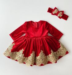 Adorable Christmas outfit for girl. It is a set of the dress and headband. Fabric-velvet with gold lace. Our products are made by hand using only high-quality materials.  You can choose another colour of fabric.  You can also find other dresses for Christmas in my shop: https://www.etsy.com/listing/734973708/girls-christmas-dress-christmas-gifts?ref=shop_home_active_6&frs=1 https://www.etsy.com/listing/752813927/christmas-buffalo-plaid-dress-red-plaid?ref=shop_home_active_5&frs=1 https://www.etsy.com/listing/664415325/christmas-dress-for-girls-toddler?ref=shop_home_active_7&frs=1 https://www.etsy.com/listing/688444495/red-velvet-dress-baby-girl-dresses?ref=shop_home_active_9&crt=1 https://www.etsy.com/listing/678030261/baby-bodysuit-red-baby-set-baby-headband?ref=shop_home_active_10 https: Holiday Princess Dress For Fancy Dress, Princess Style Holiday Dress For Celebrations, Festive Princess Dress In Gold, Festive Princess Gold Dress, Festive Gold Princess Dress, Elegant Christmas Princess Dress For Celebrations, Gold Holiday Celebration Dress, Festive Princess Holiday Dress, Festive Fitted Gold Princess Dress