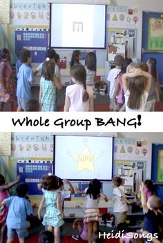 two pictures with children standing in front of a whiteboard and the words whole group bang