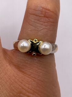 Vintage white cultured pearl  Sterling silver with gold setting   Re sizing has a $20 jeweler's fee. All rings are shipped in a nice gift box.   Check out our over a THOUSAND great reviews Engraving is $4 per letter and is not always perfect depending on the piece. It can take a few days if the jeweler is busy. This is payable to Paypal Judithsltd@gmail.com Classic White Pearl Ring For Gifts, Gold Sterling Silver Pearl Ring For Formal Occasions, Formal Gold Pearl Ring In Sterling Silver, Gold Pearl Ring In Sterling Silver For Formal Occasions, Classic Hallmarked Pearl Ring Gift, Gold Set, Cultured Pearls, Gmail Com, Rings Statement