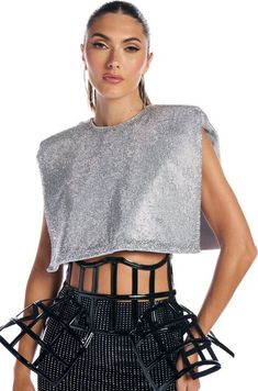 DISCO BABE SLEEVELESS RHINESTONE CROP TOP IN WHITE Rhinestone Crop Top, All White Party, Rhinestone Top, White Accessories, White Party, Princess Seam, White Outfits, All White, White Shoes