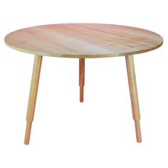 a wooden table with two legs and a round shape on the top, against a white background