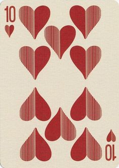 a playing card with hearts on the front and back side, in red inking