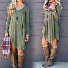 Perfect Fallolive Loose Flowy Dress Tunic Olive Green Fashion, Olivia Cooke, Woolen Dresses, Winter Dress, Short Mini Dress, Long Sleeve Mini, Long Sleeve Shirt Dress, Casual Look, Winter Dresses