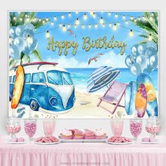 a happy birthday card with an image of a vw bus on the beach