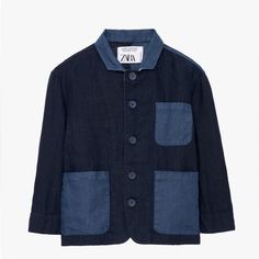 Kids Blazer Size 11-12 Brand New Navy Zara Outerwear With Pockets, Zara Navy Outerwear With Pockets, Zara Blue Cotton Outerwear, Toddler Winter Coat, Zara Denim Jacket, Kids Blazers, Girls Outwear, Green Parka, Pleather Jacket