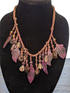 Handmade Purple Leaf & Beads Necklace & Earrings Set Avatar Na'vi Accessories, Bohemian Purple Necklace With Wooden Beads, Bohemian Purple Beaded Necklace With Dangling Beads, Adjustable Dangle Jewelry With Wooden Beads, Purple Bohemian Jewelry With Large Beads, Bohemian Purple Jewelry With Large Beads, Avatar Necklace, Avatar Oc, Avatar Dr