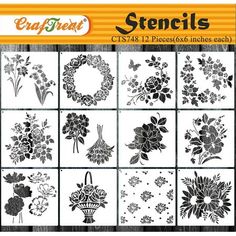 stencils with flowers and leaves are shown in the box for use on crafts