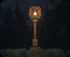 a tall tower with a light on it in the middle of a forest at night