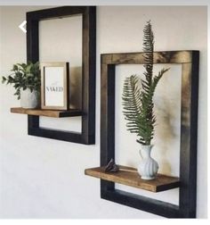 there are two mirrors on the wall and one is holding a potted plant in it