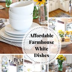 a collage of photos showing different dishes and vases with sunflowers in them