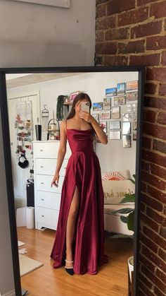 MC196,Spaghetti Straps Red Long Prom Dresses,Satin A-Line Evening Gown Long Prom Dress with Slit on Storenvy Dark Red Prom Dresses Long Elegant, Red Graduation Outfit, Graduation Dress Red, Sleek Prom Dress, Formal Graduation Dress, Fancy Dinner Dress, Red Long Prom Dresses, Outfit Graduacion, Dark Red Prom Dress