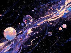 some bubbles are floating in the air on a black background with blue and pink colors