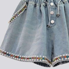 Add a touch of vintage allure to your summer wardrobe with our Y2K style Pearl Embellished Denim Shorts from our 2023 Summer Collection! High-waisted and loose-fitting. this stunning piece is a perfect blend of nostalgia and vogue vogue.Distinctive Features: Y2K Style: A classic. enduring fit that fuses vintage charm with today's modern pulse. High-Waist: Show off your curves while adding a touch of sophistication. Loose Fitting: Comfort. ease. and exquisite style are all at your fingertips. Pea Trendy Denim Jacket, Clothing Making, Trendy Denim, Embellished Denim, Denim Trends, Current Fashion Trends, Denim Shorts Women, Denim Outfit, High Waisted Denim