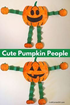 two pumpkins with arms and legs made out of paper