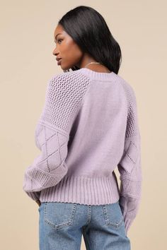 Add a little flair to your sweater collection this season with the Lulus Trend Maker Lavender Pointelle Knit V-Neck Sweater! Medium weight knit shapes long oversized sleeves decorated with various designs of pointelle knit and wide ribbed cuffs. The relaxed-fit bodice has a deep V-neckline and ribbed hem. Fit: This garment fits true to size. Length: Size medium measures 21.5" from shoulder to hem. Bust: Great for any cup size. Waist: Loosely Fitted. Undergarments: May be worn with any standard b Trendy Cropped Pointelle Knit Sweater, Purple Acrylic Sweater For Fall, Fall Purple Acrylic Sweater, Spring V-neck Pointelle Knit Sweater, Lavender V-neck Cardigan For Fall, Spring Long Sleeve Open Knit V-neck Sweater, Spring Open Knit Long Sleeve V-neck Sweater, Trendy Long Sleeve Pointelle Knit V-neck Sweater, Winter V-neck Pointelle Knit Sweater