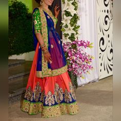 Indian Multicolored Bridal Outfit/Lehenga Only Worn Once! The Silk Lehenga Has Antique Zardosi Work. Very Elegant And Unique. The Lehenga Has Can-Can Underneath For Extra “Flare”. Lehenga Is Approximately 39 Inches Long And The Blouse Chest Is Approximately 36 Inches. Blouse Can Be Made Bigger Because It Has Extra Margin Inside. Blouse Length Is Approximately 13 Inches. All Measurements Are Shown In Photos. Zardosi Work, Bridal Lehenga Choli, Silk Lehenga, Blouse Length, Bridal Lehenga, Lehenga Choli, Bridal Outfits, Social Media Tips, Product Description