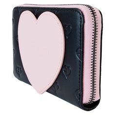 a black and pink wallet with a heart on the front, zippered in to it