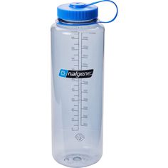 a water bottle with a measuring scale on the front and blue cap is shown against a white background