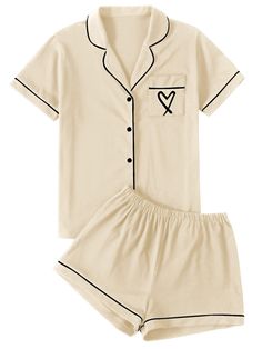 PRICES MAY VARY. Two piece sleepwear set feature with button down shirt and a pair of elastic waist shorts. Soft fabric, breathable and comfy to wear. Notch neck button front shirt top with a chest pocket with heart embroideried, elastic waistband shorts. Summer V neck shorts lounge set for women and girls. Contrast solid color, piping binding trim design, cute and elegant loungwear set. Relaxed fit and cozy style that you can style from day to night. Short sleeve notch collar pajamas set suitab Bride Pajama, Shorts Sleepwear, Pjs Set, Women's Pajamas, Womens Pyjama Sets, Sleepwear Sets, Elastic Waist Shorts, Pajamas Set, Pajama Set Women