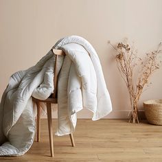 an unmade bed sitting on top of a hard wood floor next to a plant