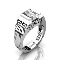 Aztec Mens 14K White Gold 3.0 Carat Emerald Cut White Sapphire Modern Wedding Ring G1294-14KWGWS Wedding Rings Pink Sapphire, Blue Sapphire Wedding Ring, Amethyst Wedding Rings, Topaz Wedding Ring, Ruby Wedding Rings, Modern Wedding Rings, Amethyst Wedding, Sapphire Wedding Rings, Emerald Wedding Rings