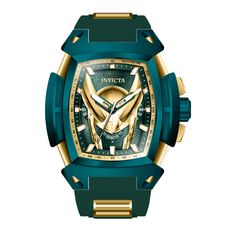 This eye-catching Invicta watch from the Marvel collection is powered by an accurate Quartz movement, with a green, gold case. Its face is decorated by a green, gold, metal dial, and protected by a sturdy Flame Fusion Crystal. A green, gold, silicone, stainless steel band completes this timepiece that can resist water for up to 100 m. In collaboration with Marvel Studios, this masterful collection is comprised of famed superheroes and villains straight from the iconic comic books and motion pict Modern Green Watch With Rectangular Dial, Green Chronograph Watch With Rectangular Dial, Gold Chronograph Watch For Outdoor, Green Chronograph Watch With Analog Round Dial, Green Watches With Rectangular Dial And Analog Display, Green Automatic Watch Accessories With Rectangular Dial, Gold Chronograph Watch With Round Dial For Outdoor, Luxury Green Watch With Rectangular Dial, Gold Outdoor Watches With Analog Display