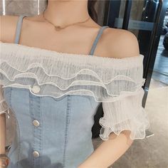 Ruffles Sexy Off Shoulder Denim Dress – Tomscloth Trendy Denim Dress For Spring Parties, Chic Mini Length Denim Top For Summer, Chic Fitted Denim Top With Ruffles, Fitted Denim Dress With Ruffles, Elegant Denim Dress For Summer Parties, Trendy Spring Denim Top For Party, Spring Party Trendy Denim Top, Casual Summer Denim Top For Party, Casual Summer Party Denim Top