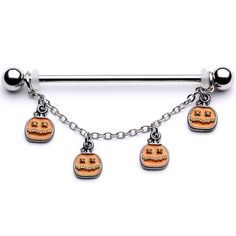 14 Gauge (1.6mm), 1 1/2" (38mm), 316L Surgical Grade Stainless Steel Straight Barbell, Moveable Chain, 5mm Ball Ends 14 Gauge Pumpkin Patch Halloween Chain Dangle Industrial Barbell 38mm If you are a regular scream queen then get ready for Halloween this year with the perfect 14 gauge industrial piercing. Made with a 1 1/2" durable 316L surgical grade stainless steel straight barbell, this industrial earring features 5mm ball ends and an adjustable chain dangle that features a series of orange j Industrial Earring, Pumpkin Patch Halloween, Industrial Earrings, Super Scary, Industrial Piercing Jewelry, Jewelry Promotion, Halloween Miniatures, Halloween Wall Decor, Industrial Jewelry