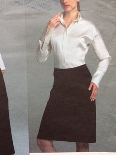 "Misses' Shirt, Skirt and Pants: Close-fitting shirt has buttoned front, front and back darts, extended shoulders, cuffs and fold-back collar. Collar and cuffs have hidden buttonhole and button. A-line skirt has back zipper, waistline facing, front and back edges butting with topstitching detail. High waisted pants are 1\" above waist with back zipper, front and back darts. Pattern is cut to size 18. Some wear to envelope, as shown. See photos for more measurements and fabric recommendations. Da Fitted Office Blouse With Pockets, Fitted Blouse With Set-in Sleeves For Work, Formal Tailored Blouse With Pockets, Fitted Formal Blouse With Pockets, Formal Fitted Blouse With Pockets, Classic Stretch Pleated Skirt, Elegant Fitted Blouse With Pockets, Classic Formal Skirt With Stretch, Classic Stretch Skirt For Formal Occasions