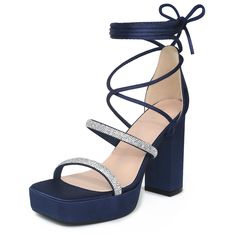 PRICES MAY VARY. [ Material ]: 3 colors: Navy Blue, Orange, Purple Satin Upper; Rubber Sole; ABS Heel 👠 Heel Height: 4.5'' (approx 11.5 cm); Platform Height: 1.4'' (approx 3.5 cm) [ FEATURES ]: Chunky Heels, Square Toe, Lace-up, Rhinestones Strap, Rhinestone Heel Sandal, Platform, 4 inch Heeled; Lightly Padded [ Good for Various Occasions]: Whether a party, work, date, wedding, cocktail, nightclub, homecoming, seas, travel, or other special occasions [ Match ]: These satin sandals have long eno Lace Up Chunky Heels, Blue Gold Wedding, Navy Blue Heels, Satin Sandals, Platform Design, High Heel Platform, Black Combat Boots, Sandal Platform, Bridesmaid Shoes