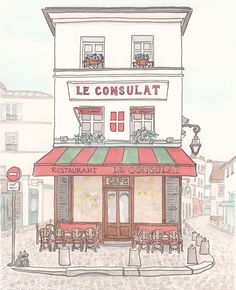 a drawing of a restaurant with tables and chairs in front of the building that says le consulat