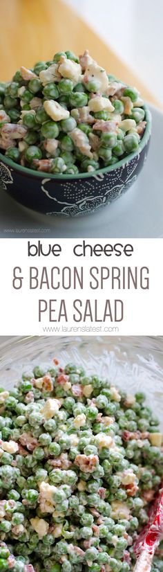 blue cheese and bacon spring pea salad in a glass bowl on a wooden table with text overlay