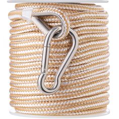 a spooled rope with a hook on the end is shown in white and gold