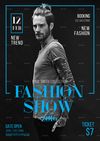 the fashion show flyer with a man standing in front of a black background and blue frame