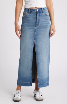 1822 Denim Front Slit Denim Maxi Skirt | Nordstrom Denim Skirts Online, Long Jean Skirt, Blue Denim Skirt, Denim Maxi, Denim Pencil Skirt, Denim Maxi Skirt, Denim Midi Skirt, Business Attire, Skirt Design