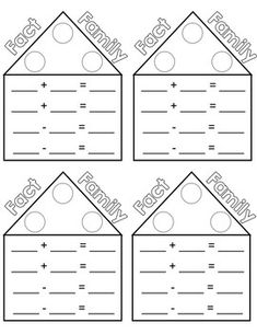 four house shaped labels with the words family fact and two numbers on them, in black and