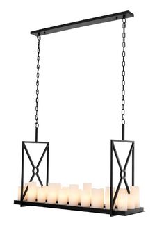 a rectangular chandelier with candles hanging from it