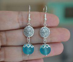 Light Blue Earrings With Dangling Beads As Gift, Light Blue Earrings With Dangling Beads For Gift, Light Blue Drop Earrings With Dangling Beads, Blue Earrings With Dangling Beads As Gift, Simple Bead Earrings, Diy Earrings Dangle, Sun Earring, Czech Beads Jewelry, Wire Earrings Handmade