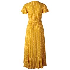 Yellow Polka Dot Wrap Ruffle Maxi Dress Midi Length Summer Dresses, Summer Casual Dresses, Daytime Dress, Big Dresses, Place Dress, Ruffle Maxi Dress, Yellow Polka Dot, Daytime Dresses, Lace Slip Dress