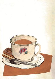 a painting of a cup of tea and some cookies