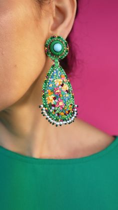 Traditional Green Flower Earrings, Bohemian Green Flower Earrings For Party, Bohemian Floral Embroidery Earrings For Gifts, Bohemian Floral Embroidered Earrings As Gift, Handmade Teardrop Flower Earrings For Summer, Flower Earrings Aesthetic, Hand Embroidered Flower, Aesthetic Earrings, Earrings Aesthetic