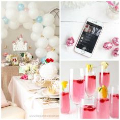 a collage of photos with pink and white decorations, champagne flutes, and balloons