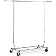 a metal garment rack with wheels on the bottom and two bars attached to each side