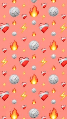 a pink background with hearts, lightnings and fireballs in the shape of volleyball balls