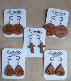 Wood earring with brown stain and words on one side. Reverse is solid stain color. Various styles to choose: Jesus Cross - 1.5 inches God is With Me  - 1.5 inches Created with a purpose - 1.5 inches But First Pray - 2 inches Stainless steel ear wire. Christian Leather Earrings, Religious Affirmations, But First Pray, Laser Earrings, Christian Earrings, God Is With Me, Solid Stain Colors, Rh Design, Created With A Purpose