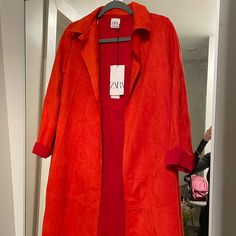 Perfect Condition, Never Worn Red Spring Outerwear With Pockets, Red Long Sleeve Outerwear For Spring, Zara Red Outerwear For Fall, Zara Red Blazer For Fall, Zara Red Blazer For Spring, Zara Red Spring Blazer, Chic Red Zara Outerwear, Orange Coat, Zara Jackets