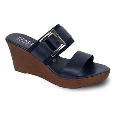 Strut in style with these Italian Shoemakers Cai Women's Wedge Sandals. Click this FOOTWEAR GUIDE to find the perfect fit and more! Strut in style with these Italian Shoemakers Cai Women's Wedge Sandals. Click this FOOTWEAR GUIDE to find the perfect fit and more! SHOE FEATURES Buckle accent Comfortable foam footbedSHOE CONSTRUCTION Fabric upper Leather lining and outsole Foam midsoleSHOE DETAILS Open toe Slip-on Foam footbed 3.25-in. heel Size: 10. Color: Navy. Gender: female. Age Group: adult. Blue Open Toe Wedge Sandals With Heel Loop, Casual Wedge Sandals With Round Toe, Medium Width, Summer Wedge Sandals With Cushioned Footbed, Medium Width, Leather Sole Wedge Sandals With Round Toe, Medium Width, Adjustable Round Toe Wedge Sandals With Cork-bed Midsoles, Slip-on Wedge Sandals With Buckle Closure For Beach, Womens Sandals Wedges, Womens Wedges, Wedge Sandals