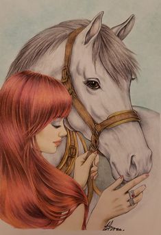 a drawing of a girl petting a horse's face with her hand on the nose